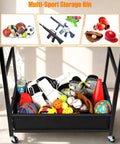 Rolling Ball Storage Cart And Sports Gear Organizer For Garage And Home Gym Indoor And Outdoor Use with various sports equipment