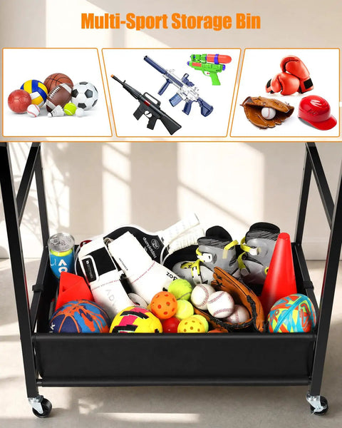 Rolling Ball Storage Cart And Sports Gear Organizer For Garage And Home Gym Indoor And Outdoor Use with various sports equipment