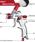 Close-up of Pro Grade Mini HVLP Sprayer Kit showing nozzle, trigger, and adjustments for auto body and home furniture painting.