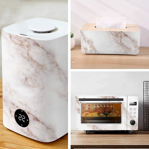 Appliances with gold white marble contact paper; Peel and Stick for Countertops and Furniture Matte Waterproof Self Adhesive Wallpaper Removable Durable 11.8 By 118 Inches Easy To Clean.