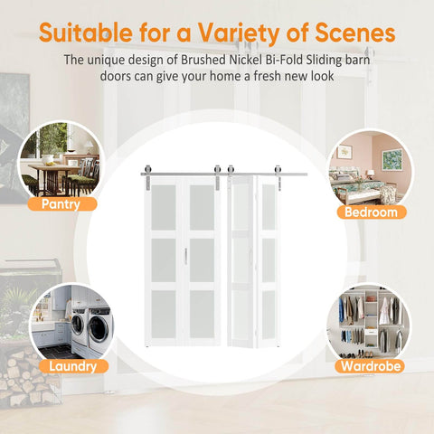 Frosted Glass Bifold Closet Doors Kit 60 Inch By 84 Inch Three Lite Panels With Brushed Nickel Sliding Hardware Pre Drilled Bifold Barn Door Slab Includes Two 2.83 Foot Tracks For Four Door Install Space Saving Modern Home Upgrade
