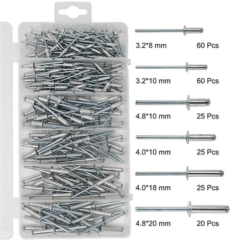 Heavy Duty Aluminum Dome Head Blind Rivets Set - Assorted Sizes, 215-Piece Kit For Metal DIY Projects in storage box