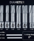 Heavy Duty Carbide Annular Cutter Kit With Eight Precision Hole Saws And Dual Pilot Pins showing various sizes for metal drilling tasks.