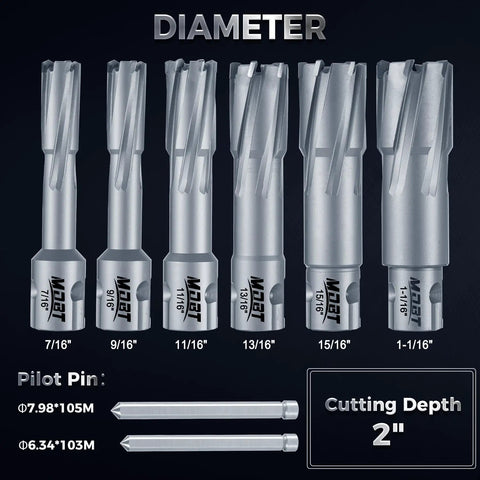 Heavy Duty Carbide Annular Cutter Kit With Eight Precision Hole Saws And Dual Pilot Pins showing various sizes for metal drilling tasks.