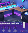 Farmhouse L Shaped Standing Desk With Height Adjustable Sit Stand Layout 70.1 By 73.2 Inches Built In Drawers And Power Outlet Monitor Stand And LED Lights Cable Management Large Black Home Office Desk Workhorse, featuring LED lights and dual monitors.