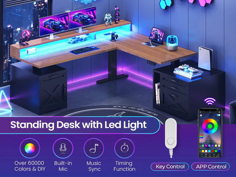 Farmhouse L Shaped Standing Desk With Height Adjustable Sit Stand Layout 70.1 By 73.2 Inches Built In Drawers And Power Outlet Monitor Stand And LED Lights Cable Management Large Black Home Office Desk Workhorse, featuring LED lights and dual monitors.