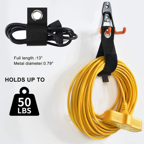Heavy Duty Garage Hooks 24 Piece Set With 6 Sizes Wall Mount Iron Anti Slip Storage Hanger Organizer For Ladders Power Tools Bikes Ropes And More Includes Holder Strap For Maximum Garage Organization For Gear Heads, holding a yellow extension cord and black strap