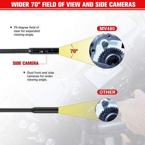 Dual Front And Side Cameras 1080P HD Inspection Camera With Semi Rigid Cable And 10 Level LED Lights, Wide View Angles 0 Degree And 90 Degree For Tight Spaces, Industrial Endoscope For Mechanics And Home Diagnostics showing 70° side view