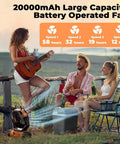 Camping Fan With 20000mAh Battery And LED Lantern in use at outdoor gathering with people playing guitar and enjoying drinks