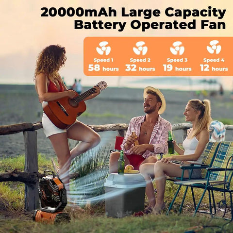 Camping Fan With 20000mAh Battery And LED Lantern in use at outdoor gathering with people playing guitar and enjoying drinks