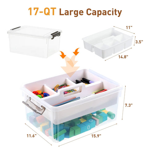 17 Quart Clear Plastic Storage Bins With Four Compartment Removable Tray, Stackable Latching Box With Easy Grip Handle
