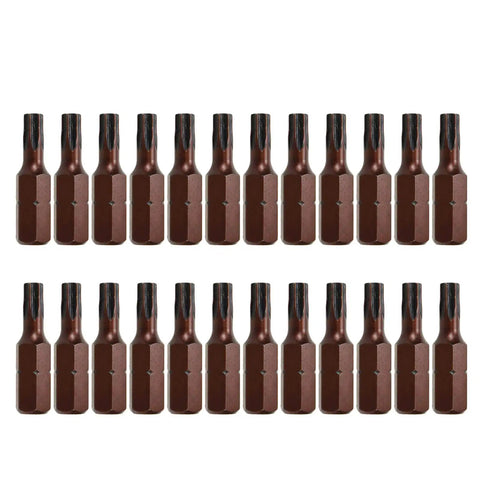 Heavy Duty T20 Torx Screwdriver Bits With Rock Solid Magnetic Security Heads And Snug 1/4 Inch Hex Shank Made From Top Shelf S2 Steel For A Dang Strong Hold On Every Fastener In This Sweet 24 Piece Bit Set arranged in two rows.