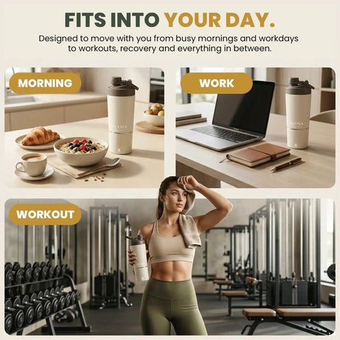 Dual Insulated Stainless Steel Protein Shaker Bottle With Separate Dry Storage Compartment And Built In Mixing Whisk 15 Oz Gym Cup on kitchen table with breakfast.
