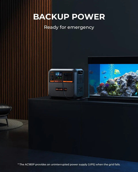 Portable Solar Generator Kit With 350W Panel, 1440Wh Power Station, positioned indoors beside an aquarium for emergency backup.