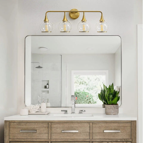 Hot Gold 4 Light Vanity Light Fixture Over Mirror With Clear Glass Globe Shades 30.7 Inch Wall Sconce Bath Lighting For Master Bathroom Bulbs Not Included