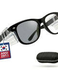 Heavy Duty Photochromic Safety Glasses With ANSI Z87 Approval, Light Adapting Lenses Handle UV400 And Blue Light Stress, Removable Side Shields For The Daily Grind And Shop Jobs, No Fuss TR90 Build in black with sunglasses case.