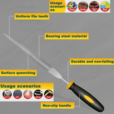 Front view of a 3D-printed deburring tool with a black and yellow non-slip handle and slim metal blade.