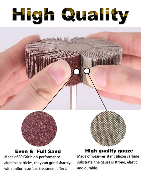 Close-up of 40 Pack One Quarter Inch Shank Abrasive Flap Wheel Sander Set with 80 grit aluminum oxide for metal and wood sanding.