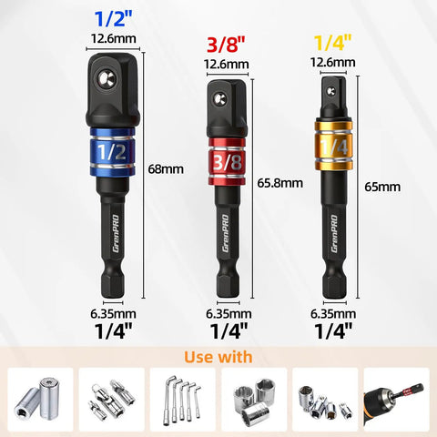 Flexible Drill Bit Extension Set 4 Piece With 1/4 Inch 3/8 Inch 1/2 Inch Hex Shank Adapters And 105 Degree Right Angle Attachment For Impact Drivers At Home Shop And Industrial Jobs