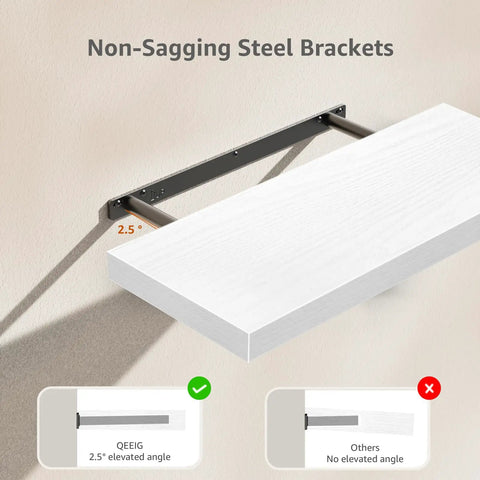 Floating Wall Shelves Set Of 2 23.6 x 9.3 Inches White MDF With Steel Brackets up to 25 lbs showing non-sagging design