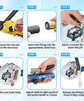 Auto AC Hose And Fitting Kit 32 Pc Set installation steps showing hose cutting, fitting insertion, die selection, and crimping process.