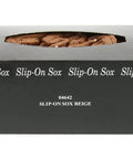 Box containing Beige Disposable Slip On Socks 144 Pack One Time Wear For Travel Spa Medical Use Soft Breathable Foot Covers