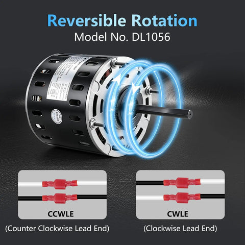 Reversible rotation model DL1056 for Upgraded One Half HP Blower Fan Motor Direct Drive 115V Three Speed 1075 RPM 48 Frame Sleeve Bearing