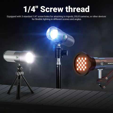 Basics RGB Photography Flashlight With 4 Colors And 20 GOBO Filters, mounted on tripod, showcasing aluminum build and lighting effect