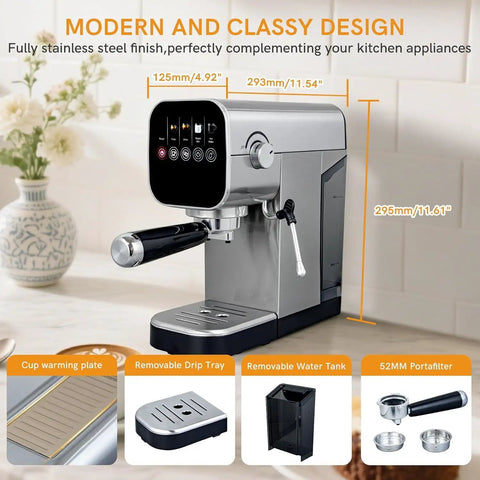 Compact Touchscreen Espresso Machine With Integrated Steam Milk Frother And Programmable Cup Sizing for making barista-style lattes.