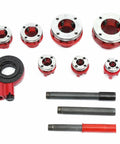 Pipe Threader Kit With Seven Dies Three Eighths To Two Inches, Durable Cast Iron Head shown with components and dies.