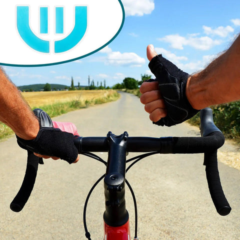 Cyclist gripping handlebars with Two Pairs Gel Bar Tape Pads for Bike Handlebars Soft Buffer Cushions on a sunny road