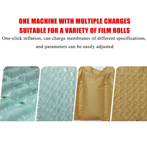 Automatic Wrap Machine 180W For Inflatable Packaging, various air-filled cushion types, film rolls, packaging detail.