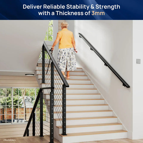 2 Pack 9 Ft Black Aluminum Handrail With Self Drilling Screws Aama 2604 Coated Heavy Duty Flat Deck Railing Solid Stair Guide Built Like A Tank Indoors Outdoors on stairway.