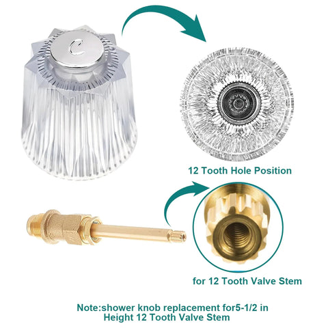 Detailed image of Two Pack Crystal Clear Acrylic Shower Knob Replacement Kit with 12 tooth hole and valve stem.