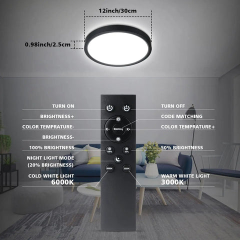 Dimmable LED Flush Mount Ceiling Light With Remote Control, 3000K-6000K, 24W, 2200 Lumens, shown with remote in living room.