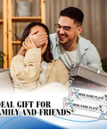 Couple with gift box and 4 Pack Clear Acrylic Desk Name Plates Set With Double Sided Design, Personalized Office Name Tag Blocks visible