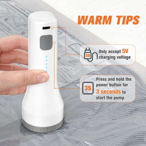 Ultimate 15 Pack Vacuum Storage Bags With Cordless Pump showing charging tips on gray bag surface