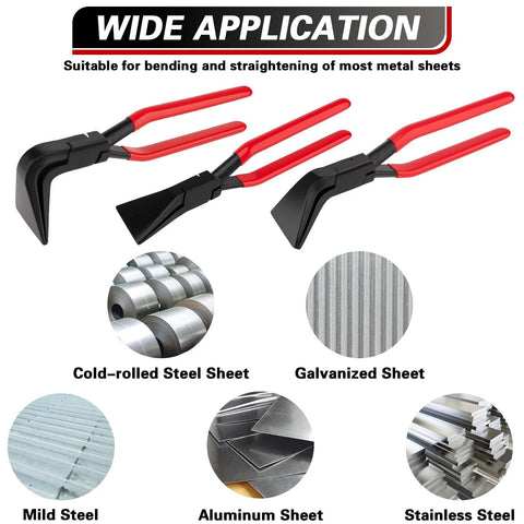 Front view of Jiimee 3-piece hand seamers set with red handles for bending sheet metal (60mm jaws)