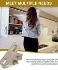 Woman reaching into kitchen cabinet with Pro Grade Three Pack Cabinet Hinge Mounting Plates Built For 1 5/8 Inch Overlay Doors.