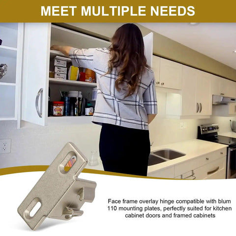 Woman reaching into kitchen cabinet with Pro Grade Three Pack Cabinet Hinge Mounting Plates Built For 1 5/8 Inch Overlay Doors.