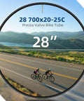 Six Pack Replacement Road Bike Inner Tubes, 28 Inch 700x20-25C, 80mm Brass Presta Valves, view through a bike tube over cyclists
