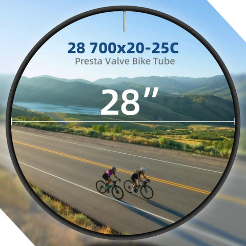 Six Pack Replacement Road Bike Inner Tubes, 28 Inch 700x20-25C, 80mm Brass Presta Valves, view through a bike tube over cyclists