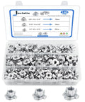 Heavy Duty T Nuts 304 Stainless Steel Assortment 160 Piece Kit in clear storage box, high-strength four prong tee threads.