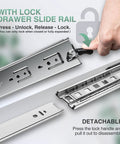 Heavy Duty Locking Drawer Slides 150 Lb Load Capacity, 14 Inch Full Extension Ball Bearing Rails side view with lock mechanism