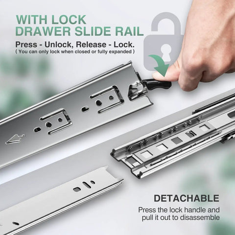 Heavy Duty Locking Drawer Slides 150 Lb Load Capacity, 14 Inch Full Extension Ball Bearing Rails side view with lock mechanism