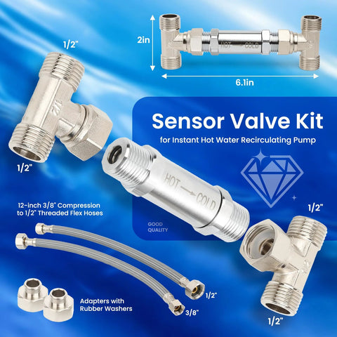 Frutlait 304 stainless steel Sensor Valve Kit for hot water recirculating pump with 2×12in hoses and bypass valve