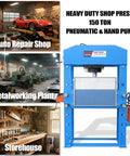 Rock Solid 150 Ton Electric Hydraulic Shop Press With Full Welded H Frame And Safety Guard for heavy duty tasks in workshop setting.