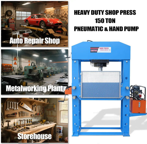 Rock Solid 150 Ton Electric Hydraulic Shop Press With Full Welded H Frame And Safety Guard for heavy duty tasks in workshop setting.