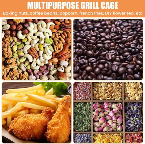 Straight Fire Rotatable Air Fryer Oven Basket With Slick 360 Degree Spin For Easy Nut Baking Coffee Roasting And Cookout Ready Grilling In Top Tier Stainless Steel, displaying assorted nuts, coffee beans, fries, and herbs.