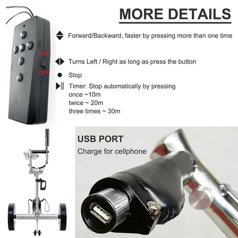 Remote control for Easy Fold Electric Golf Push Cart With Remote Control And Dual Motor, showing buttons and USB port for charging.